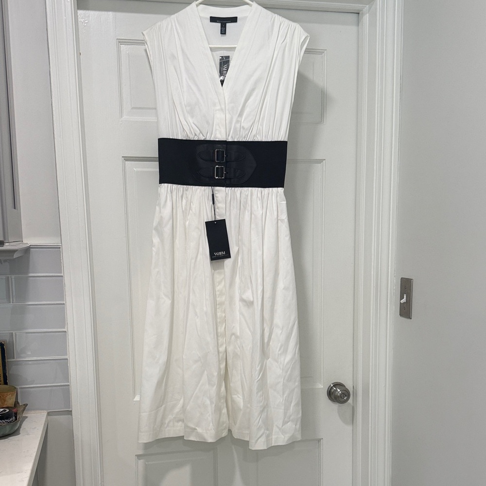 White House Black Market White V-Neck Midi Dress with Black Cinch Belt